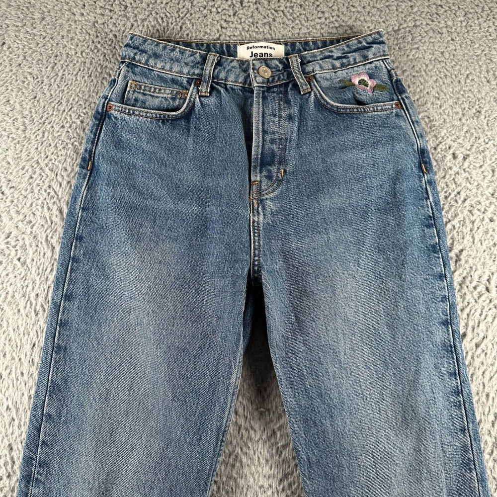 Reformation Jeans Womens 25 Cynthia High Rise Straight‎ Floral Embroidery Blue - Picture 2 of 16